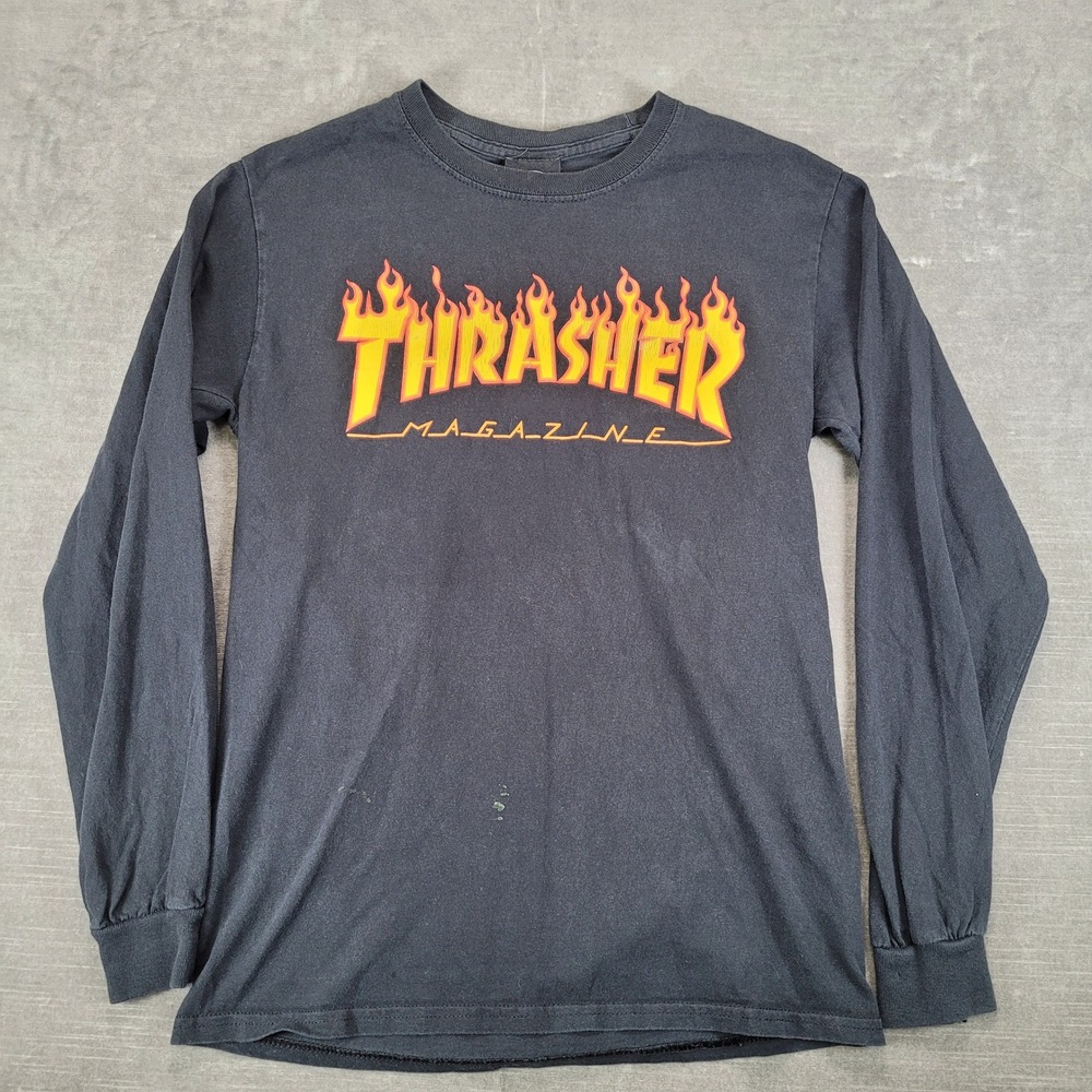 Thrasher Magazine Flame Logo Long Sleeve Shirt Black Mens Small San Francisco